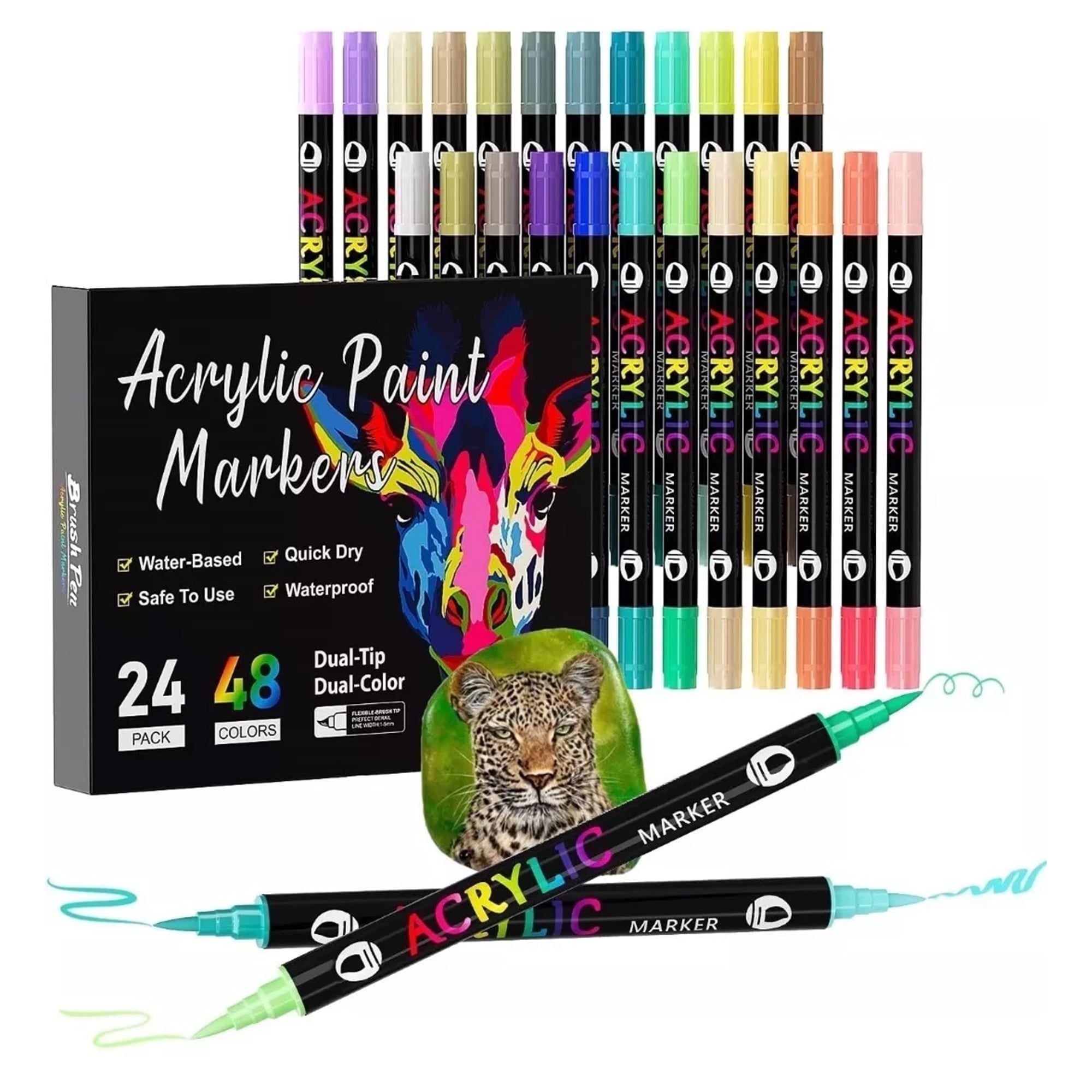Acrylic Paint Markers, 24 Pcs 48 Colors Dual Tip Dual Color Acrylic Markers, Tooli Art Acrylic Paint Pens for Stone, Wood, Calligraphy, Canvas, Ceramic, Metal, Glass, Rock Painting, DIY Crafts