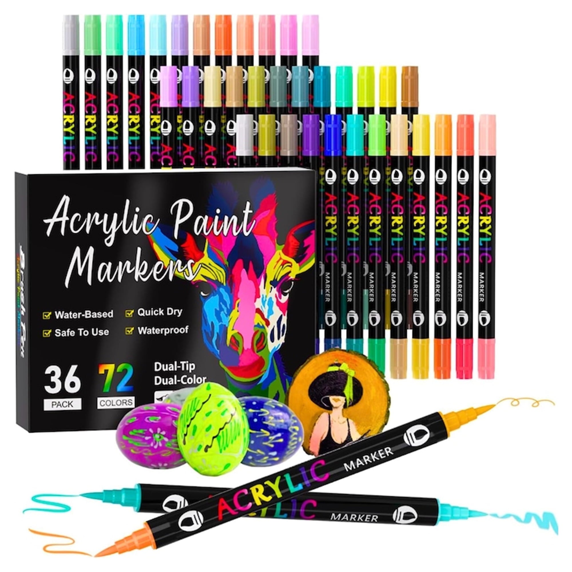Acrylic Paint Markers, 24 Pcs 48 Colors Dual Tip Dual Color Acrylic Markers, Tooli Art Acrylic Paint Pens for Stone, Wood, Calligraphy, Canvas, Ceramic, Metal, Glass, Rock Painting, DIY Crafts