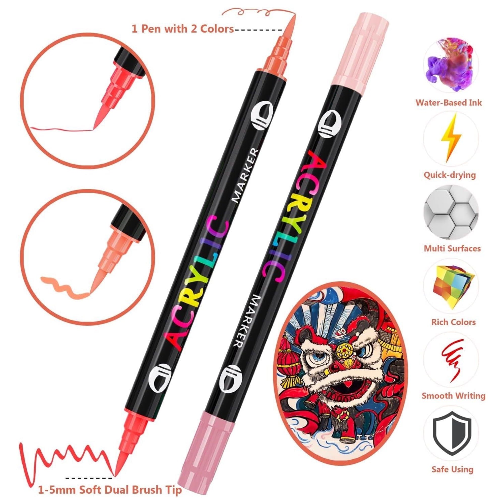 Acrylic Paint Markers, 24 Pcs 48 Colors Dual Tip Dual Color Acrylic Markers, Tooli Art Acrylic Paint Pens for Stone, Wood, Calligraphy, Canvas, Ceramic, Metal, Glass, Rock Painting, DIY Crafts